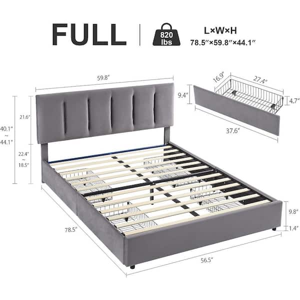VECELO Upholstered Bed Frame, Gray Full Metal Frame With 4-Storage 