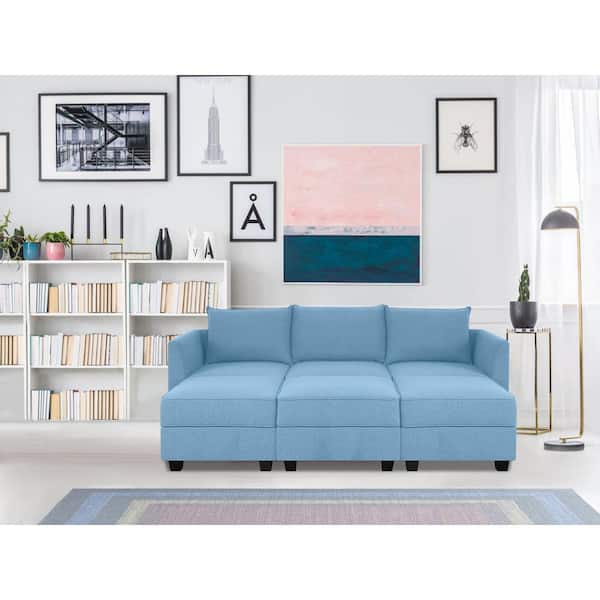 MAYKOOSH 56.01 in. Linen Contemporary 3-Seater Upholstered Sectional Sofa Bed with 3 Ottoman in. Robin Egg Blue