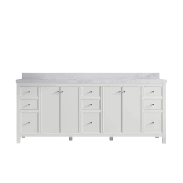 Willow Collections Chicago 84 in. Double Sink Freestanding White Bath Vanity with Calacatta Nuvo Qt. Top Unassembled