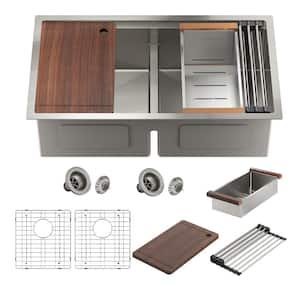 Stainless Steel Sink 33 in. 16-Gauge Double Bowl Undermount Workstation Kitchen Sink in Brushed with Accessories