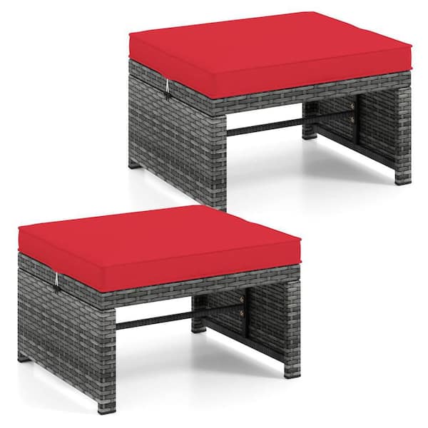 Costway Wicker Outdoor Ottoman Footstools with Removable Red Cushions & Metal Frame (2-Pack)