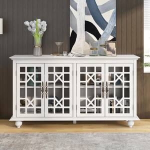 Antique White Wood Storage Cabinet with Adjustable Shelves, Metal Handles, and 4-Doors, Console Table for Hallway