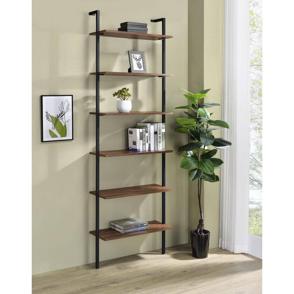 Walnut and Black 31-Inch 6-Shelf Wall Bookshelf