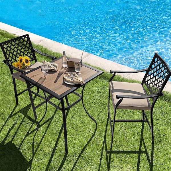 Metal Outdoor Bar Stool Counter Height Armrest Garden Deck with Beige Cushions