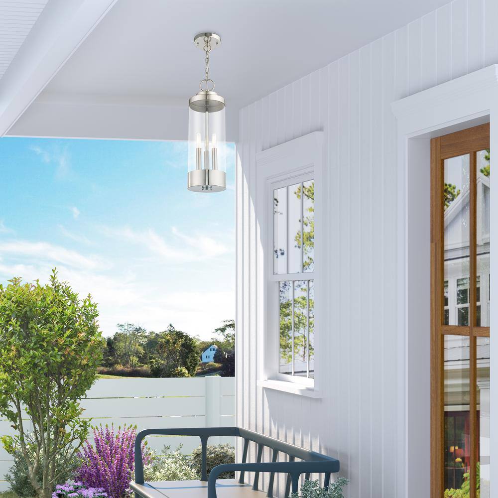 Polished Chrome 3-Light Outdoor Hanging Lantern with Clear Glass