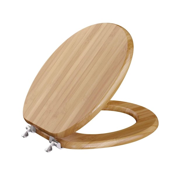 Premium Wood Round Closed Front Toilet Seat with Cover and Brushed Nickel Hinge in Rattan