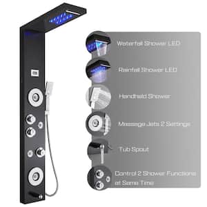 52 in. 6-Jet Shower Tower Panel System with LED Rainfall Waterfall Shower Head Handshower and Tub Spout in Black