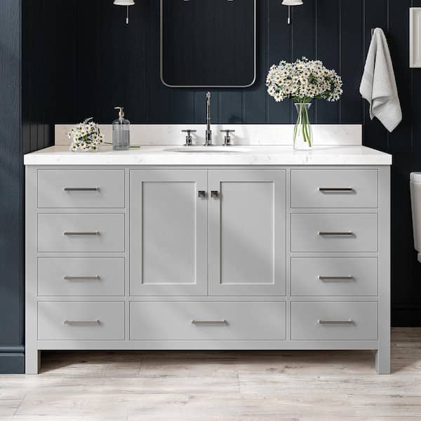 ARIEL Cambridge 60 in. W x 22 in. D x 36 in. H Single Oval Sink Bath Vanity in Grey with Carrara White Quartz Top