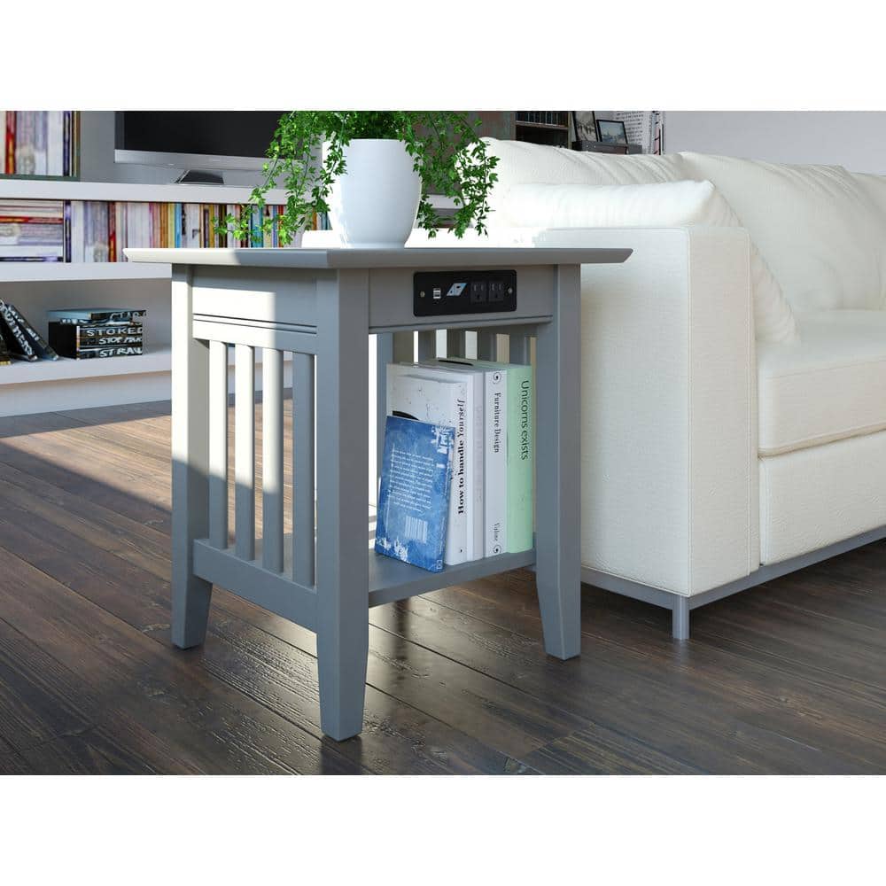 Eco-Friendly Mission Grey Square Wood End Table with Charging Station