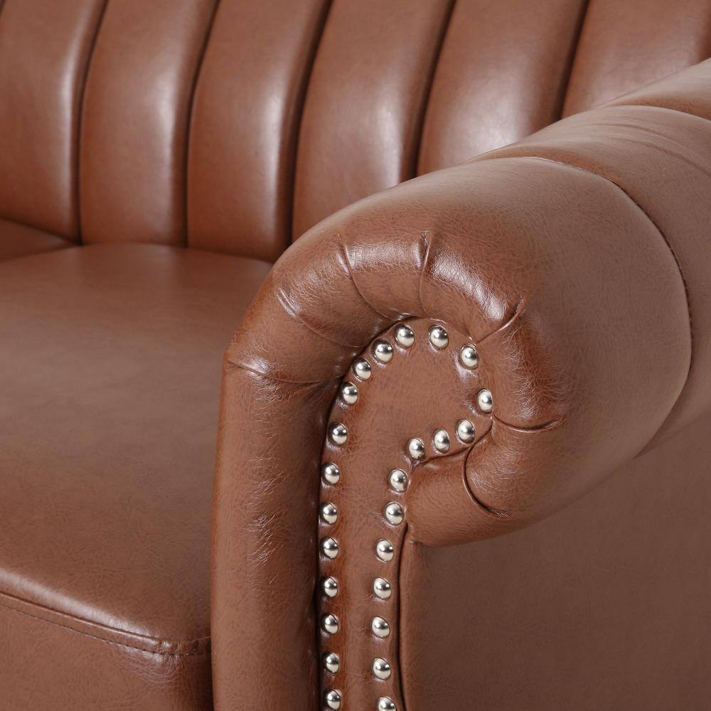 Cognac Brown Faux Leather Loveseat with Espresso Wood Accents