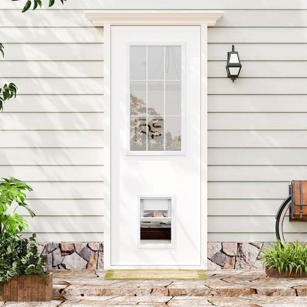 30 in. x 80 in. Universal/Reversible, 9 Lite Clear Glass White Primed Pine Wood Front Door Slab with Large Pet Door