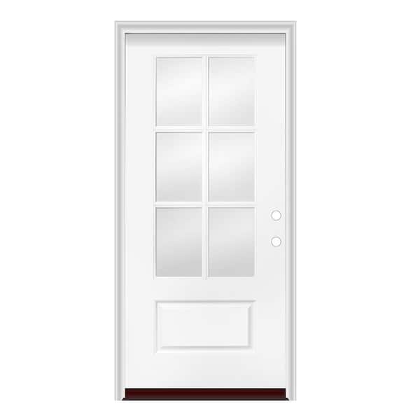36 in. x 80 in. Left-Hand/Inswing 1 Panel 3/4 Lite 6 Lite Clear Glass Smooth Fiberglass Prehung Door w/PVC Frame