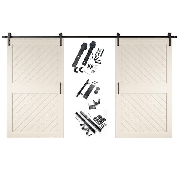HOMACER XT1 50 in. x 84 in. C-Panel Tinsmith Gray Slanted Stripe Design Double Pine Wood Sliding Barn Door with Hardware Kit