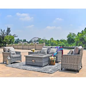 Moda 5-Piece Wicker Patio Conversation Set with Gas Fire Pit Table and Gray Cushions