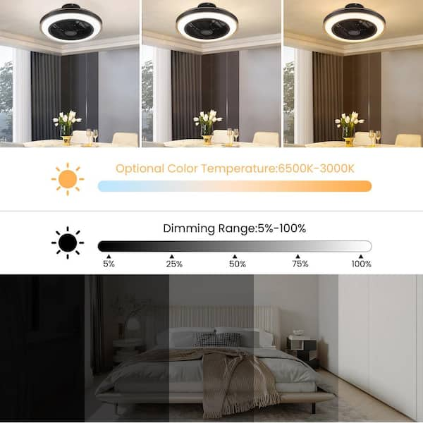 20 in. Indoor Black Modern Low Profile Ceiling Fan with LED Light Caged  Enclosed Ceiling Fan with Remote and APP Control