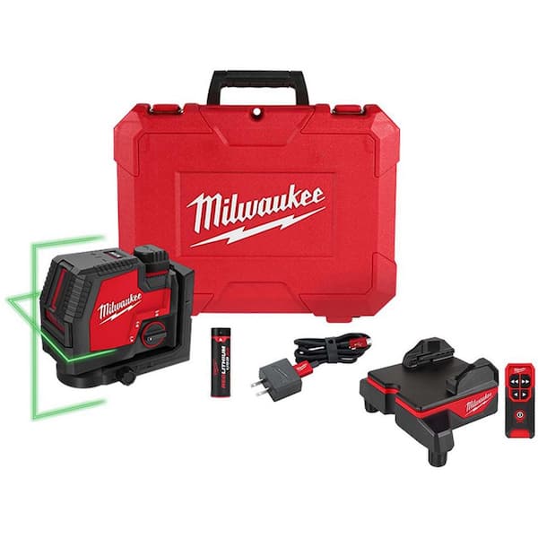 100 ft. REDLITHIUM Lithium Ion Green Rechargeable Cross Line Laser Level w/Charger & Laser Level Wireless Alignment Base