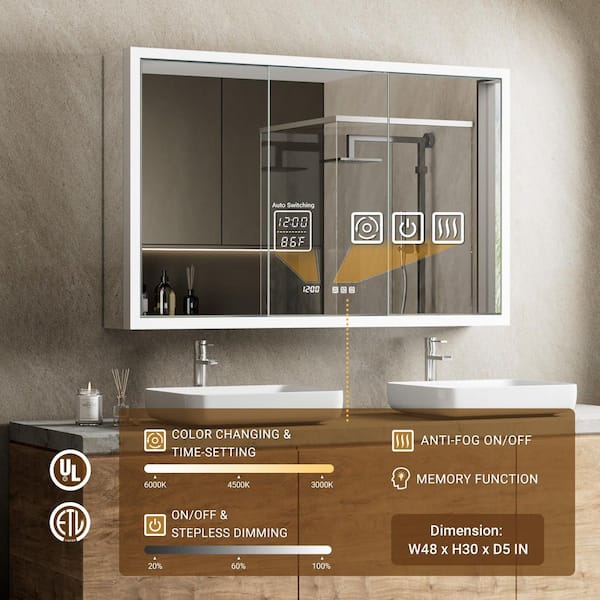 Elega 48 in. W x 30 in. H Rectangular Aluminum Recessed/Wall Mount Dimmable Fogless Lighted Medicine Cabinet with Mirror