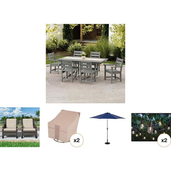 Edison String Light, Grant Park Dining Set, Umbrella, Chair Cover and Wicker Set Combo (7-Piece)