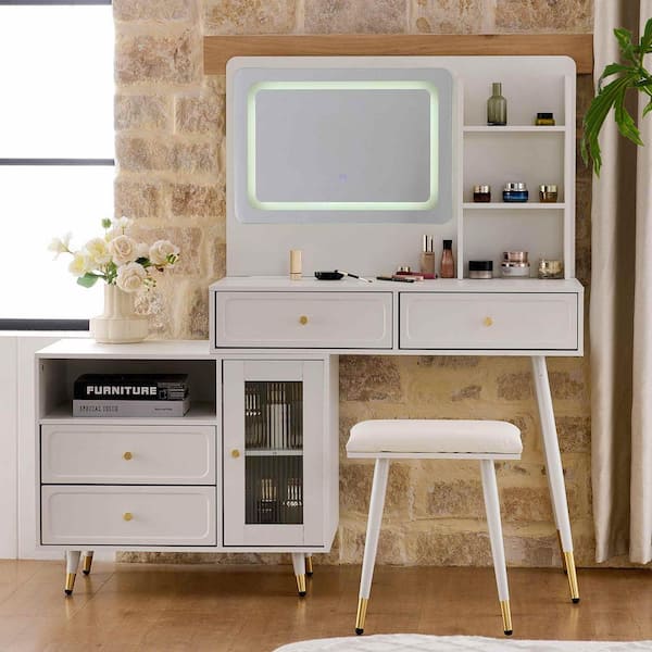 2-Piece White Makeup Vanity Set with Mirror, Light, Drawers, Cabinet and Power Outlet