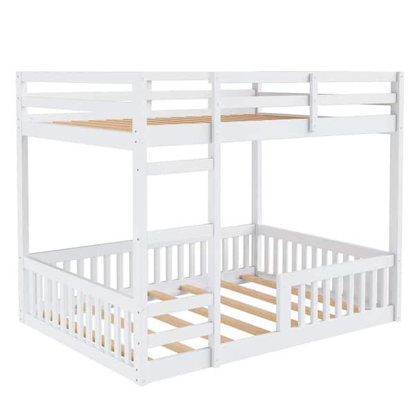 White Full over Full Wooden Bunk Bed with Ladder and Guardrails