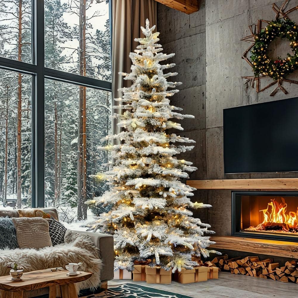 12-Foot White Flocked Pine Christmas Tree with LED Lights
