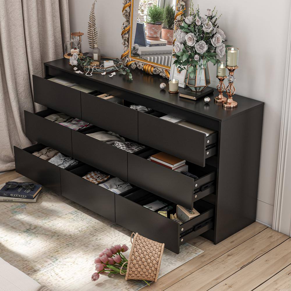 9-Drawer Black Wood Dresser Modern Style 31.5 in. H x 63 in. W x 15.7 in. D - thumbnail 2