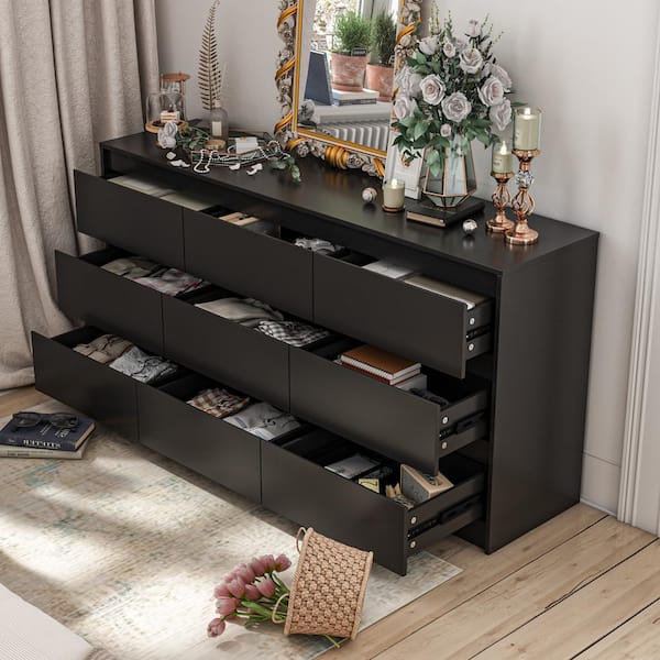 9-Drawer Black Wood Dresser Modern Style 31.5 in. H x 63 in. W x 15.7 in. D