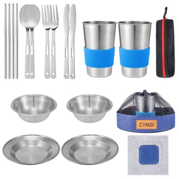 Angel Sar 2Person Blue Stainless Steel Outdoor Camping Mess Kit with
