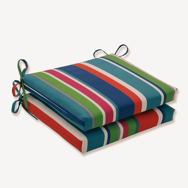 Pillow Perfect Striped 18.5 in. x 16 in. Outdoor Dining Chair Cushion in Blue/Green/Orange (Set of 2)