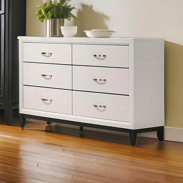 Benjara White and Black and Nickel 6-Drawer 58 in. Dresser Without Mirror