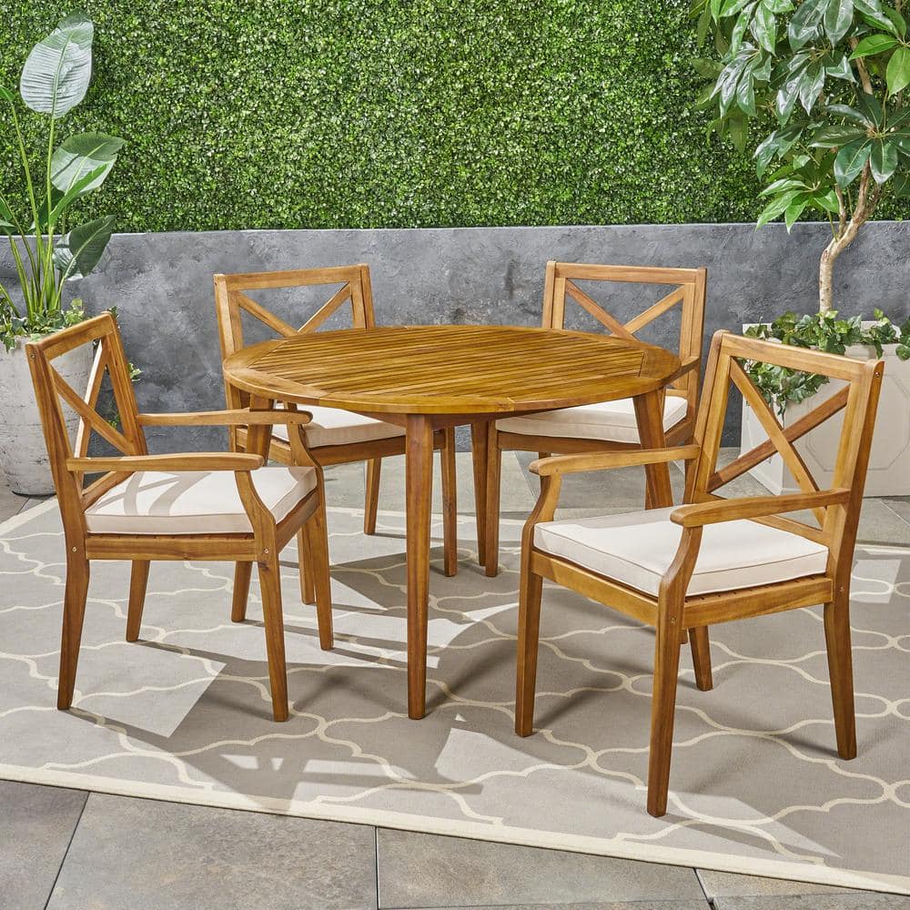 Noble House Pines Teak Brown 5-Piece Wood Outdoor Dining Set with Cream ...