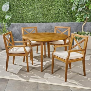 Pines Teak Brown 5-Piece Wood Outdoor Dining Set with Cream Cushions