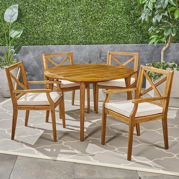 Noble House Pines Teak Brown 5-Piece Wood Outdoor Dining Set with Cream Cushions