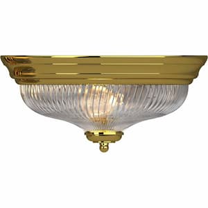 15 in. 3-Light Polished Brass Indoor Flush Mount with Clear Ribbed Glass Bowl