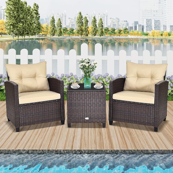 3-Piece Rattan Wicker Outdoor Patio Conversation Set with Beige Cushions and Glass Top Coffee Table