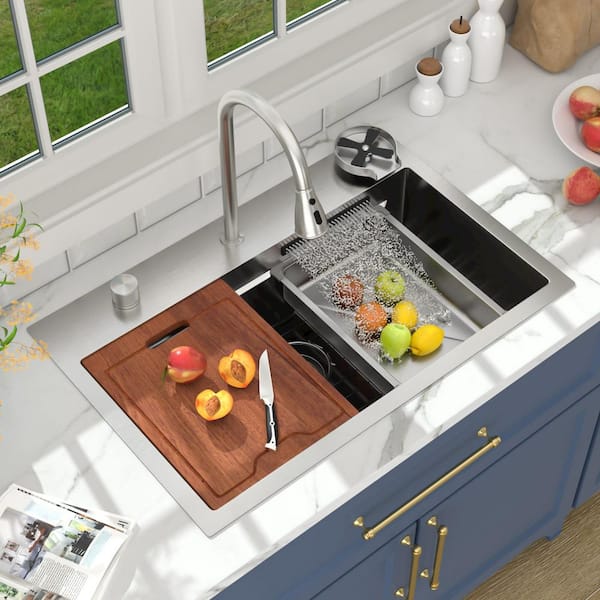 31 in. Drop-In Single Bowl 16 Gauge Stainless Steel Topmount Wokstation Kitchen Sink with Pull Out Faucet, Glass Rinser