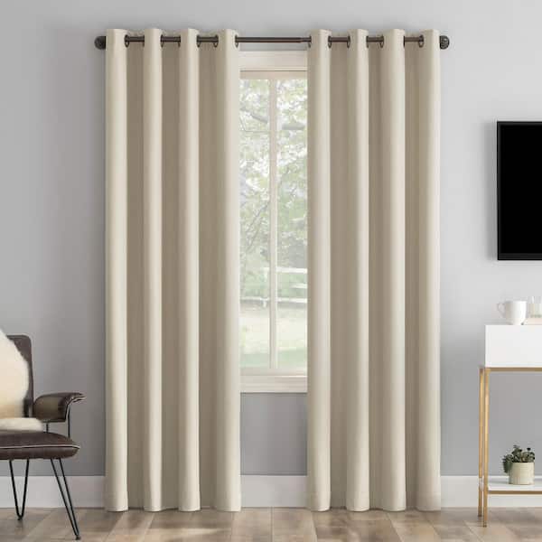 Sun Zero Tyrell 50"W x 96"L Ecru Tonal Texture Draft Shield Fleece Insulated 100% Blackout Grommet Curtain Panel