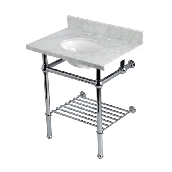 Kingston Brass Templeton 30 in. Marble Console Sink with Brass Legs in Carrara Marble/Polished Chrome
