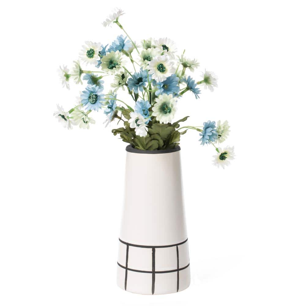 Medium Black and White Ceramic Grid Pattern Tapered Vase