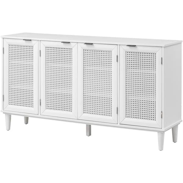Nestfair White Wood 60 in. W Sideboard with Rattan Door and Unobtrusive Doorknob
