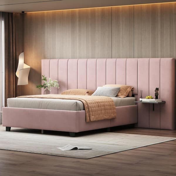 Harper & Bright Designs Oversize Headboard Pink Wood Frame Full Velvet Upholstered Platform Bed with Bedside Storage Shelves