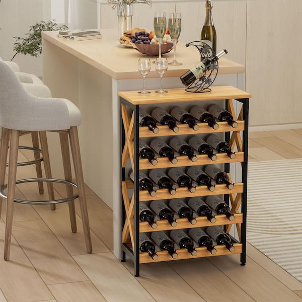 25-Bottle Brown 21.65 in. Wine Rack Freestanding Floor, 5-Tier Wine Display Storage Stand Shelf, Wine Bottle Holder Rack