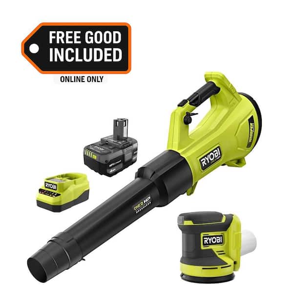 ONE+ HP 18V Brushless 450 CFM Cordless Leaf Blower with 4.0 Ah Battery, Charger, & FREE ONE+ 18V 5" Random Orbit Sander