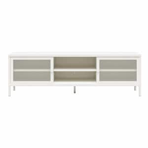 Sunset District, Soft White Metal TV Stand fits TVs up to 65 in with Perforated Metal Sliding Doors