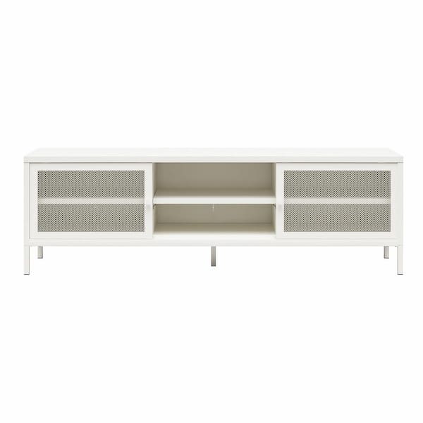 SystemBuild Evolution Sunset District, Soft White Metal TV Stand fits TVs up to 65 in with Perforated Metal Sliding Doors