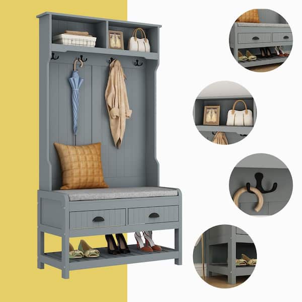 68.5 in. Gray Wood 3-in-1 Coat Rack with 4-Metal Hooks and 2-Drawers, Storage Bench