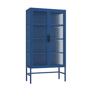 31.50 in. W x 12.60 in. D x 61.02 in. H Blue Double Glass Door Linen Cabinet with Adjustable Shelves and Feet
