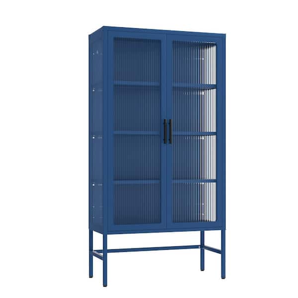 Unbranded 31.50 in. W x 12.60 in. D x 61.02 in. H Blue Double Glass Door Linen Cabinet with Adjustable Shelves and Feet