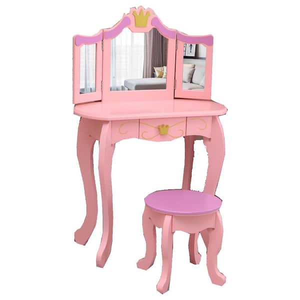 Outo Three Foldable Mirror Pink, Toddler Vanity Table Wooden