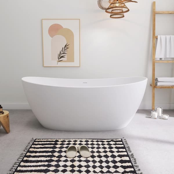 65 in. x 33 in. Solid Surface Freestanding Soaking Bathtub Stone Resin Tub in White